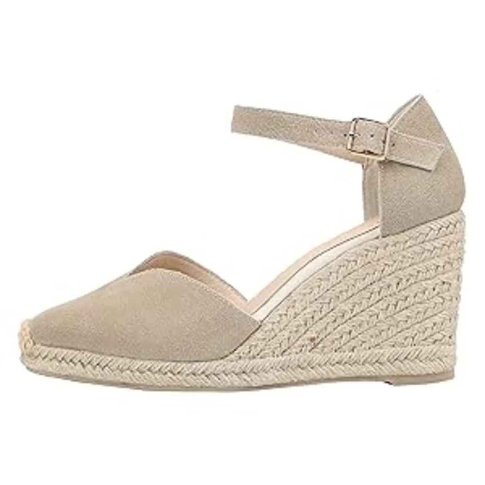 Tonivis Women's Leather Beige Ankle Strap Wedge Espadrilles Size 7.5